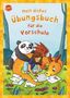 Titel: "Mein dickes Übungsbuch für die Vorschule". Illustration mit Panda, Kind und Drachen, die auf dem Rasen mit Papier spielen., Buch