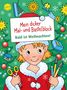 „Mein dicker Mal- und Bastelblock. Bald ist Weihnachten!“ Ein lächelnder Elf in roter Kleidung, grüne Tannen, bunte Dekorationen., Buch