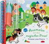 Text: "Ausmalen mit dem magischen Pinsel: Pferde und Ponys."  
Illustration: Kinder, Ponys, Burg, Blumen und Zaun. Enthält einen Pinsel., Buch