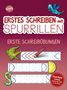 Texte: "ERSTES SCHREIBEN mit SPURRILLEN", "ERSTE SCHREIBÜBUNGEN", "Geprägte Linien halten den Stift in der Spur". Illustrationen: Drache, Krokodil, Bleistift., Buch