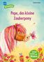 „Pepe, das kleine Zauberpony“. Ein Pony mit buntem Haar und eine kleine Fee, die ihm auf die Nase fliegt. Blumenwiese., Buch