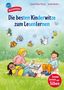 "Die besten Kinderwitze zum Lesenlernen." Drei Kinder lachen im Gras, umgeben von Comic-Tieren in Blasen.