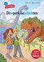 "Dinopark-Geschichten" von Sabine Zett, Adrian vom Baur. Illustration: Zwei Kinder vor Dinosauriern und Achterbahn., Buch