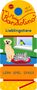 "Lieblingstiere", "ab 3 Jahren", "LERN · SPIEL · SPASS". Illustration eines Hundes, einer Katze und eines Vogels am Fenster., Buch