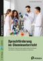 "Sprachförderung im Chemieunterricht", vier Personen im Labor, gefüllte Reagenzgläser und Bechergläser, alle tragen Laborkittel., 1 Buch und 1 Diverse