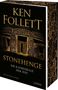 Text: Ken Follett, Stonehenge, Die Kathedrale der Zeit, Historischer Roman. Illustration von Stonehenge in goldener Farbe., Buch