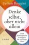 Text: "Denke selbst, aber nicht allein. Zwölf philosophische Prinzipien für ein kluges Leben." Bunter geometrischer Hintergrund., Buch