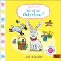 "Such mal! Wo ist der Osterhase?" Ein Hase mit roten Fliege, bunte Eier, ein Schaf, Vögel und Blumen auf gelbem Hintergrund., Buch