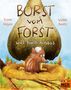 Texts: „BORST VOM FORST will hoch hinaus“, Yvonne Hergane, Wiebke Rauers. Illustration: Ein fröhliches Wildschwein in einem Nest., Buch