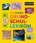 Texte: "DAS DUDEN GRUNDSCHUL-LEXIKON", "700 Stichwörter von A bis Z". Bunte Illustrationen: Hai, Maschine, Virus, Samen, Dinosaurier, Satellit, Koala.