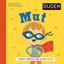 Text: "Mut", "Große Wörter für kleine Leute". Illustration: Kind mit Maske und rotem Umhang vor gelbem Hintergrund mit Sternen.