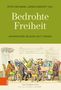 "Bedrohte Freiheit: Universitäre Bildung seit Corona." Illustration von diskutierenden Personen am Tisch, mit Texten., Buch