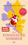 "Anne Sverdrup-Thygeson, Der Einsiedler Sommer, Roman. Ein bunter Käfer vor lila und gelben Blattformen, dtv Logo."