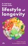 "lifestyle of longevity" steht groß auf lila Hintergrund. Unten: Obst und Gemüse als bunte Illustration.