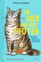 „Ein Dieb auf vier Pfoten“ in gelber Schrift. Illustration: Eine grau gestreifte Katze neben einem orangefarbenen Stofftier.