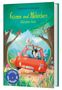 "Grimm und Möhrchen düsen los" steht auf dem Cover mit grünen Bäumen. Ein Esel und ein Tier im roten Auto, Blumen am Weg.