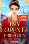 "SPiEGEL Bestseller-Autorin", "INY LORENTZ", "PRIESTERIN", "VON THERA", "ROMAN", "KNAUR" zeigen eine Frau in roter Robe vor antikem Tempel., Buch