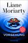 „Liane Moriarty, VORSEHUNG, Roman, Droemer“. Ein Schmetterling auf Wasser, erzeugt Kreise. Rotes Label mit Text.
