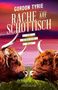 Text: "Gordon Tyrie Rache auf Schottisch Ein Hebriden Krimi." Zwei Highland-Rinder vor einem malerischen, roten Sonnenuntergang., Buch