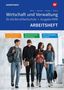 "Wirtschaft und Verwaltung", "ARBEITSHEFT". Vier junge Leute gehen lachend entlang eines Flurs., Buch