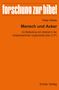 Orangefarbener Hintergrund. Oben "forschung zur bibel", unten Titel: "Mensch und Acker". Autor: Peter Riede. Verlag: Echter Verlag., Buch