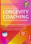"Longevity Coaching erlernen & gezielt anwenden" in großen Buchstaben, mit Liste von Strategien zur Zellverjüngung auf buntem Hintergrund., Buch