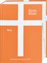 „Basis Bibel“, „mini“, „Deutsche Bibelgesellschaft“. Orangefarbener Einband mit weißem Kreuz.