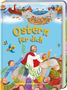 "Ostern für dich" steht groß geschrieben. Illustration: Menschen mit Palmblättern, ein Mann auf einem Esel und Boote mit Fischen im Netz., Buch