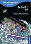 "DIE DREI ??? Kids: SOS auf hoher See." Drei Kinder auf einem kippenden Boot in stürmischer See, besorgt blickend., Buch