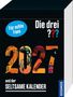 "Für echte Fans. Die drei ??? 2027 und der seltsame Kalender." Illustration mit bunten Szenen in Zahlen.