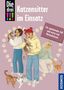Text: "Die drei !!!, Katzensitter im Einsatz, Ein spannender Fall und extra viel Katzenwissen." Drei Mädchen mit Katzen., Buch