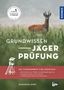 "Grundwissen Jägerprüfung" und "Das Standardwerk zum Jagdschein". Ein Hirsch steht in hohem Gras, mit einem Hochsitz links., Buch