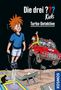"Die drei ??? Kids Turbo-Detektive." Illustration: Junge springt, Auto fliegt, Straße mit Checkered-Flagge. Kosmos-Logo rechts., Buch