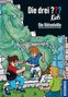 "Die drei ??? Kids: Die Rätsolvilla." Illustration: Kinder flüchten erschrocken vor grünem, geisterhaftem Wesen., Buch