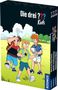 „Die drei ??? Kids“. Darunter drei fröhliche Jungen im Comic-Stil mit Rucksäcken, in einer Landschaft mit Wolken und Bäumen., Buch