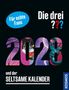 „Für echte Fans“, „Die drei ???“, „2028“, „und der SELTSAME KALENDER“. Hintergrund ist dunkel, Zahlen grafisch gestaltet., Buch