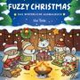 „FUZZY CHRISTMAS DAS WINTERLICHE AUSMALBUCH“ von Vivi Tinta. Illustration: Tiere am Lagerfeuer im Schnee, dekoriert mit Lichtern., Buch