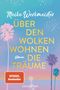 "Meike Werkmeister, ÜBER DEN WOLKEN WOHNEN DIE TRÄUME. Roman. SPIEGEL Bestseller. Farbiges Palmenmotiv mit Sonnenuntergang."