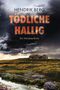 "Tödliche Hallig" von Hendrik Berg, Ein Nordsee-Krimi. Bedrohlicher Himmel über einer Hallig mit zwei Reetdachhäusern., Buch
