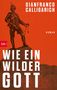 Text: "Gianfranco Calligarich. Wie ein wilder Gott. Roman." Illustration: Soldat auf einem Felsen, roter Hintergrund., Buch