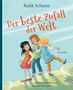 Titel: "Der beste Zufall der Welt". Autor: Rafik Schami. Drei fröhliche Kinder tanzen im Freien., Buch