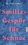 "Smillas Gespür für Schnee" in großen, roten Buchstaben. Hintergrund: blaue, abstrakte Muster.