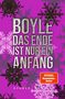Text: "Boyle Das Ende ist nur ein Anfang. SPIEGEL Bestseller-Autor. Storys / Hanser." Lila Hintergrund mit Schneeflocken., Buch