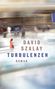 "DAVID SZALAY TURBULENZEN ROMAN" in großen Buchstaben. Verschwommene Szene eines Flughafens mit Menschen in Bewegung., Buch