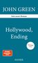 Text: "JOHN GREEN", "Sein neuer Roman", "Hollywood, Ending", "Vorläufiges Cover", "SPIEGEL Bestseller-Autor", "HANSER". Blaues Coverdesign., Buch