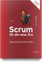 „Scrum für die neue Ära“, „EINE AGILE EVOLUTION“, Illustration: Figur auf Stuhl mit Megafon, roter Hintergrund., Buch