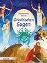 „Die spannende Welt der Griechischen Sagen.“ Bunte Illustration mit mythologischen Figuren und Medusa in der Mitte., Buch