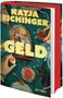 Titel: "Geld" von Katja Eichinger, Kriminalroman. Hände mit Schmuck, Speisen auf edlem Geschirr, Getränkegläser., Buch