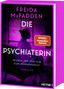 Text: "Freida McFadden", "Die Psychiaterin", "Wurde ihr der Job zum Verhängnis?", "Thriller", "Spiegel Bestseller-Autorin". Eine Frau in Silhouette sitzt auf einem Stuhl vor einem Fenster, in lila Tönen gehalten., Buch