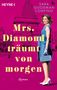 "Mrs. Diamond träumt von morgen" von Sara Goodman Confino. Frau in blauer Kleidung vor pinkem Hintergrund mit Gebäude., Buch